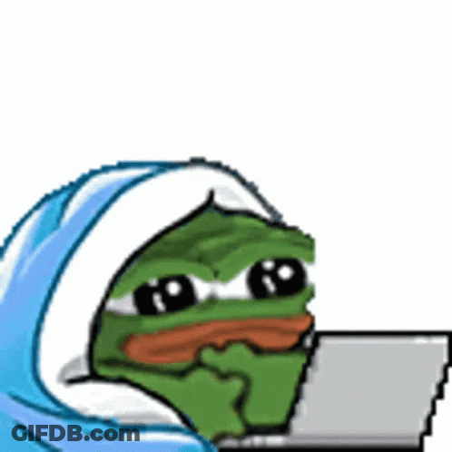 A Pixel Art Drawing Of A Frog Wearing A Blue Blanket And Using A Laptop Computer . GIF