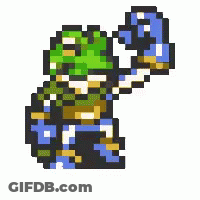 A Pixel Art Drawing Of A Frog Wearing A Green Mask And Holding A Blue Object . GIF