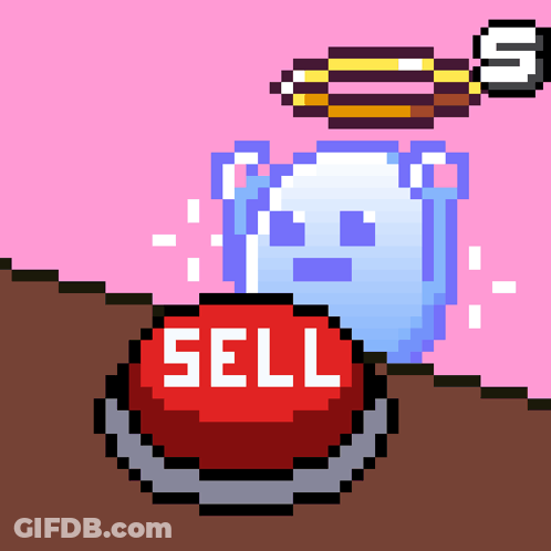 A Pixel Art Drawing Of A Ghost Behind A Red Sell Button GIF