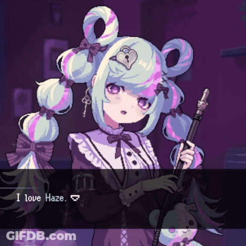 A Pixel Art Drawing Of A Girl Holding A Cane With The Words I Love Haze Below Her GIF