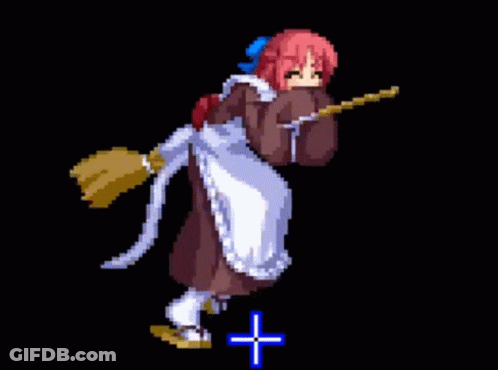 A Pixel Art Drawing Of A Girl Holding A Key And A Broom GIF