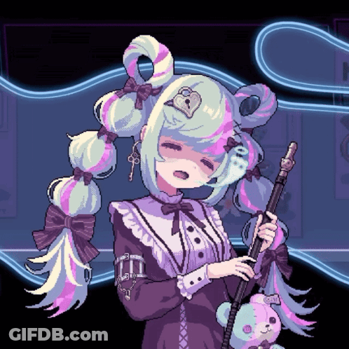 A Pixel Art Drawing Of A Girl Holding A Sword And A Teddy Bear GIF