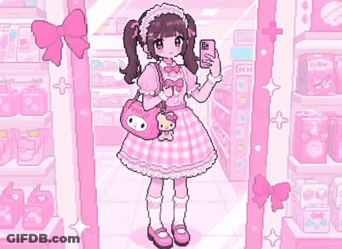A Pixel Art Drawing Of A Girl In A Pink Dress Taking A Selfie In A Store . GIF