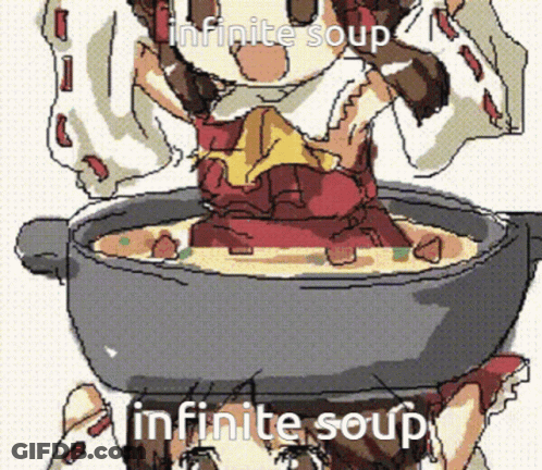 A Pixel Art Drawing Of A Girl In A Pot Of Soup With The Words Infinite Soup Above Her GIF