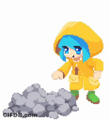 A Pixel Art Drawing Of A Girl In A Yellow Raincoat Standing Next To A Pile Of Rocks GIF