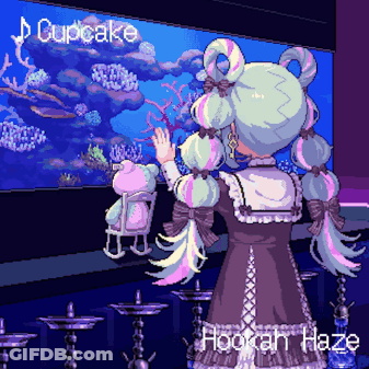 A Pixel Art Drawing Of A Girl Looking At An Aquarium With The Words Cupcake Hookah Haze Below Her GIF