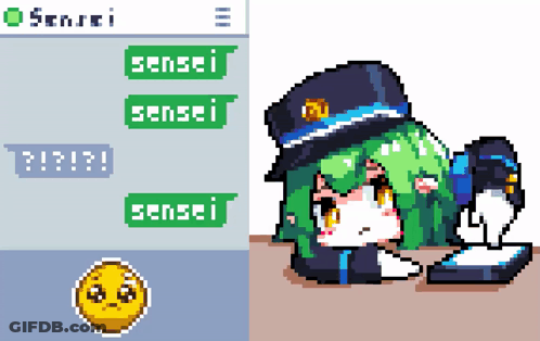 A Pixel Art Drawing Of A Girl Next To A Screen That Says Sensei On It GIF