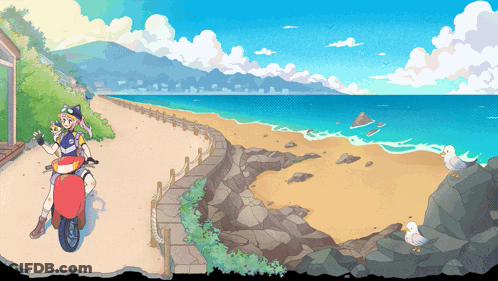A Pixel Art Drawing Of A Girl On A Scooter On A Beach GIF
