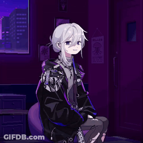 A Pixel Art Drawing Of A Girl Sitting In A Chair With A Purple Background GIF