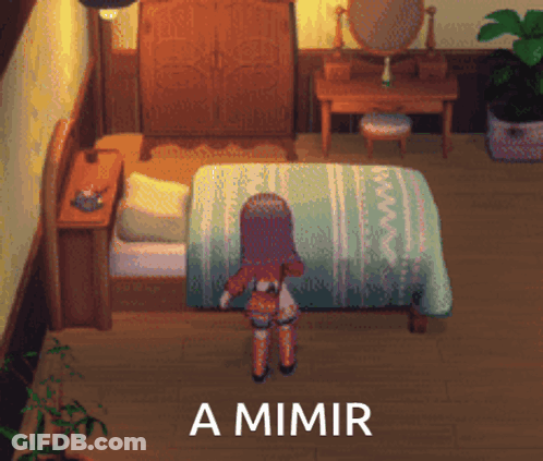 A Pixel Art Drawing Of A Girl Standing In Front Of A Bed With The Words A Mimir Below Her GIF