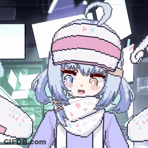 A Pixel Art Drawing Of A Girl Wearing A Scarf And Hat GIF