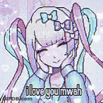 A Pixel Art Drawing Of A Girl With A Bow In Her Hair And The Words `` I Love You Mwah '' . GIF