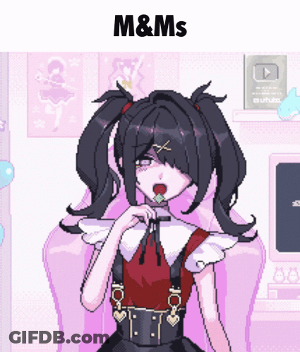 A Pixel Art Drawing Of A Girl With A Lollipop In Her Mouth And The Words M & Ms Above Her GIF