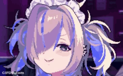 A Pixel Art Drawing Of A Girl With Blue Hair And A Maid Costume . GIF