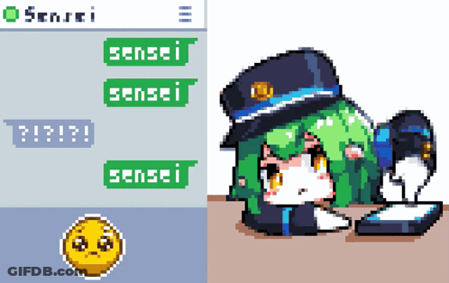 A Pixel Art Drawing Of A Girl With Green Hair And The Word Sensei GIF