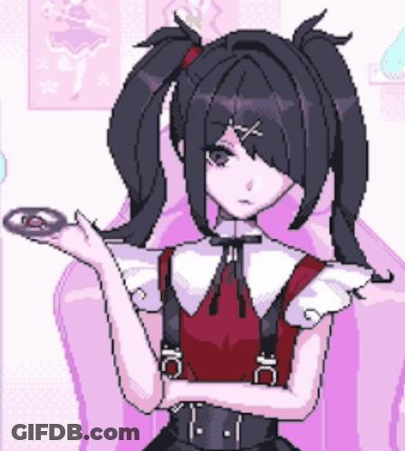 A Pixel Art Drawing Of A Girl With Pigtails Holding A Donut GIF