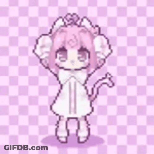 A Pixel Art Drawing Of A Girl With Pink Hair And A Cat Costume . GIF