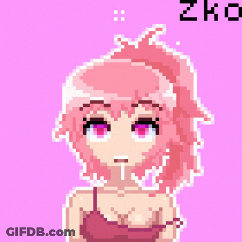 A Pixel Art Drawing Of A Girl With Pink Hair And The Letters Zko GIF