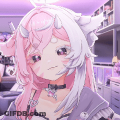 A Pixel Art Drawing Of A Girl With Pink Hair And White Horns GIF