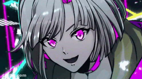 A Pixel Art Drawing Of A Girl With Purple Eyes And Gray Hair . GIF