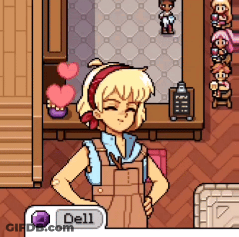 A Pixel Art Drawing Of A Girl With The Word Dell On The Bottom GIF