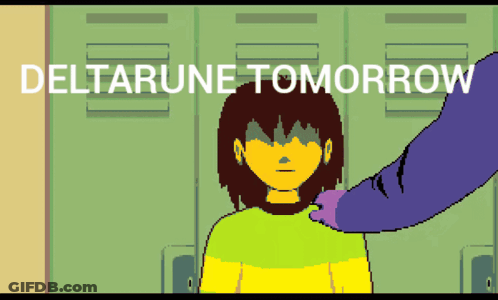 A Pixel Art Drawing Of A Girl With The Words Deltarune Tomorrow Behind Her GIF