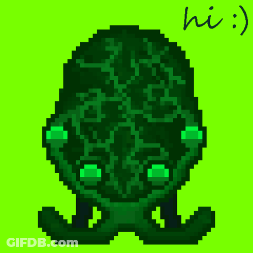 A Pixel Art Drawing Of A Green Monster With The Word Hi Written Below It GIF