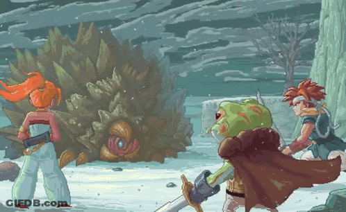 A Pixel Art Drawing Of A Group Of People Fighting A Monster In The Snow GIF
