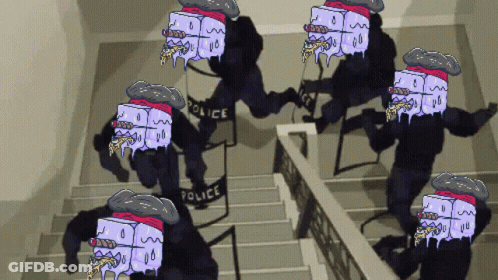 A Pixel Art Drawing Of A Group Of Police Officers Walking Down Stairs GIF