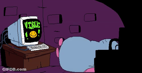 A Pixel Art Drawing Of A Hamster Sitting In Front Of A Computer Monitor That Says Virus GIF