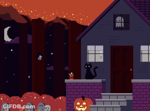 A Pixel Art Drawing Of A House With A Black Cat And A Pumpkin GIF