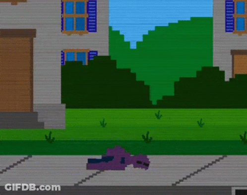 A Pixel Art Drawing Of A House With A Purple Monster Standing In Front Of It GIF