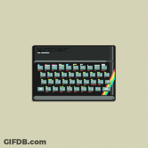 A Pixel Art Drawing Of A Keyboard With Purple And Green Keys On A Beige Background GIF