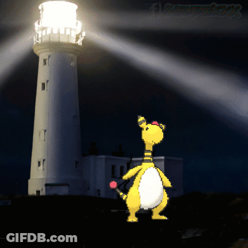 A Pixel Art Drawing Of A Lighthouse And A Cartoon Character GIF
