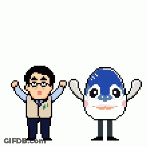 A Pixel Art Drawing Of A Man And A Penguin With A Number 1 Above Them GIF