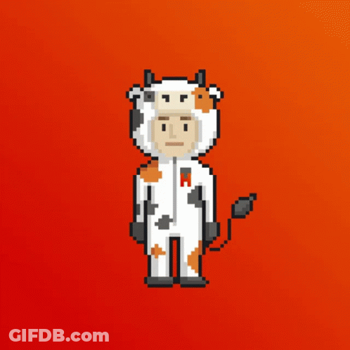 A Pixel Art Drawing Of A Man Dressed As A Cow With The Letter M On His Chest GIF