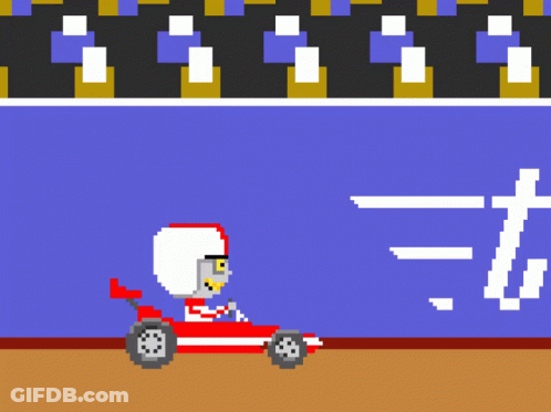 A Pixel Art Drawing Of A Man Driving A Race Car With The Word Turbo In The Background GIF