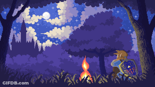 A Pixel Art Drawing Of A Man Holding A Shield In The Woods GIF