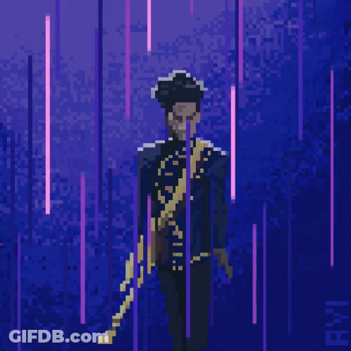 A Pixel Art Drawing Of A Man In A Blue And Gold Outfit GIF