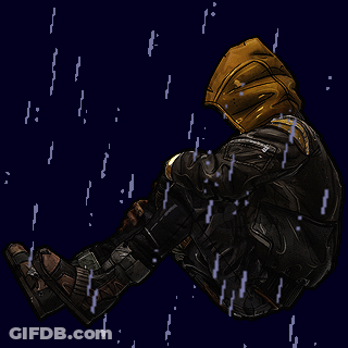 A Pixel Art Drawing Of A Man In A Helmet Sitting In The Rain GIF