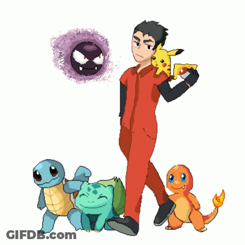A Pixel Art Drawing Of A Man In A Red Shirt Holding A Pikachu GIF