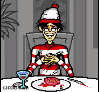 A Pixel Art Drawing Of A Man Sitting At A Table With A Plate Of Food GIF