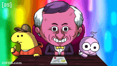 Pixel Art Man Sitting At Table With Cartoon Characters GIF