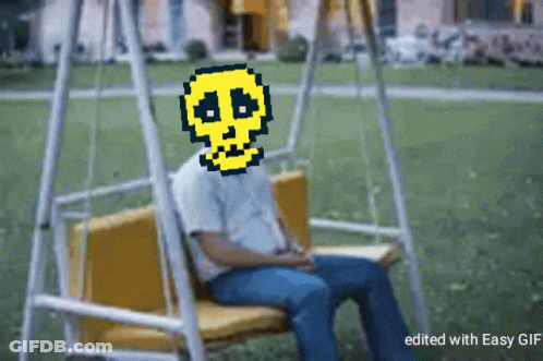 A Pixel Art Drawing Of A Man Sitting On A Swing With A Skull On His Face GIF