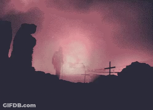 A Pixel Art Drawing Of A Man Standing In A Cemetery GIF