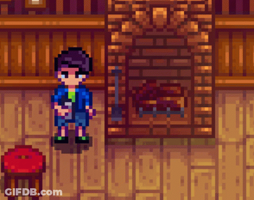 A Pixel Art Drawing Of A Man Standing In Front Of A Fireplace GIF