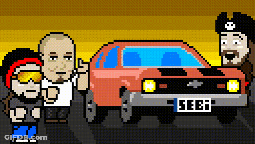 A Pixel Art Drawing Of A Man Standing Next To A Red Car With The License Plate Sebi GIF