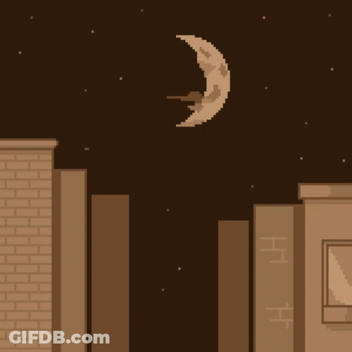 A Pixel Art Drawing Of A Ninja Jumping Over A Brick Wall With A Crescent Moon In The Background GIF