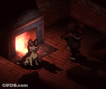 A Pixel Art Drawing Of A Person And A Dog In Front Of A Fireplace GIF