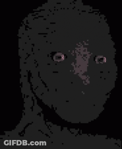 A Pixel Art Drawing Of A Person 'S Face With Purple Eyes GIF